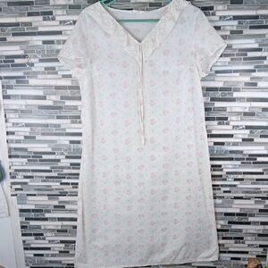 Vintage European Cotton Off White Floral Nightgown V Neck Lace Detail S-M Warco